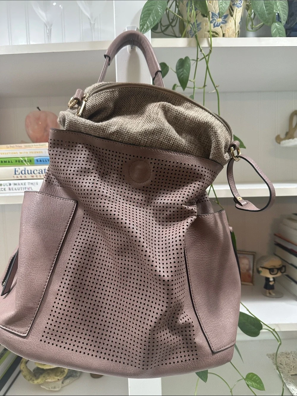 Perforated Mauve Leather Hobo Bag with Front Slip Pockets